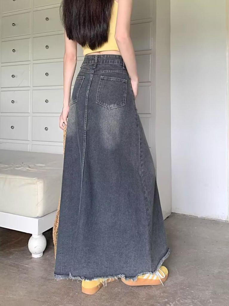Spring Autumn Retro Plus Size High Waist A-line Denim Skirt for Women - Flattering Pear Shaped Figure & Slimming Belly Coverage