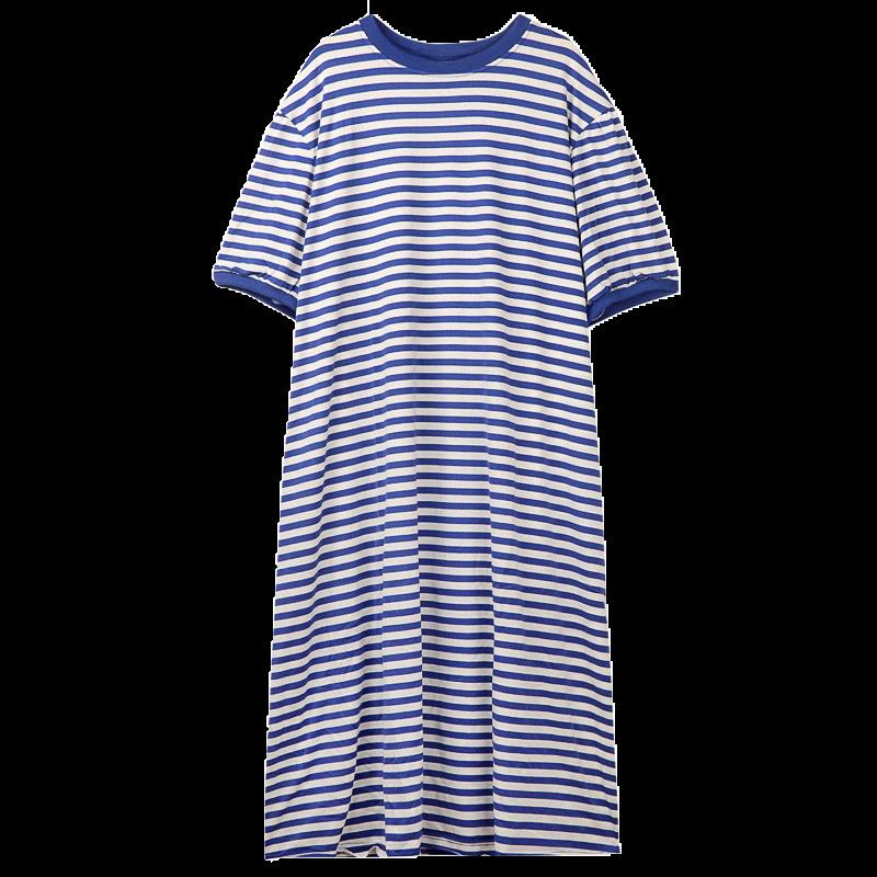Striped Nightdress Summer Loose Sweet Cute Knee Dress Cotton T-shirt Skirt Casual Thin Pajamas Loungewear