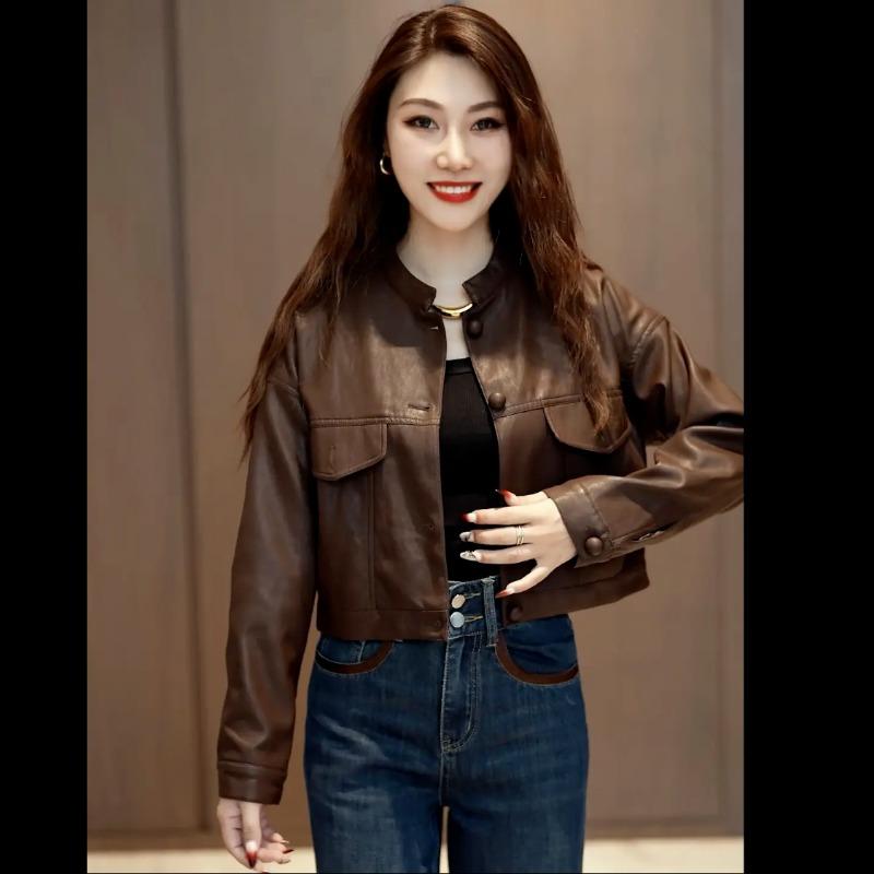 

Женская кожаная куртка в стиле ретро в Гонконге, короткое пальто с воротником-стойкой в осенне-зимнем стиле, модная и универсальная кожаная куртка. 2XL