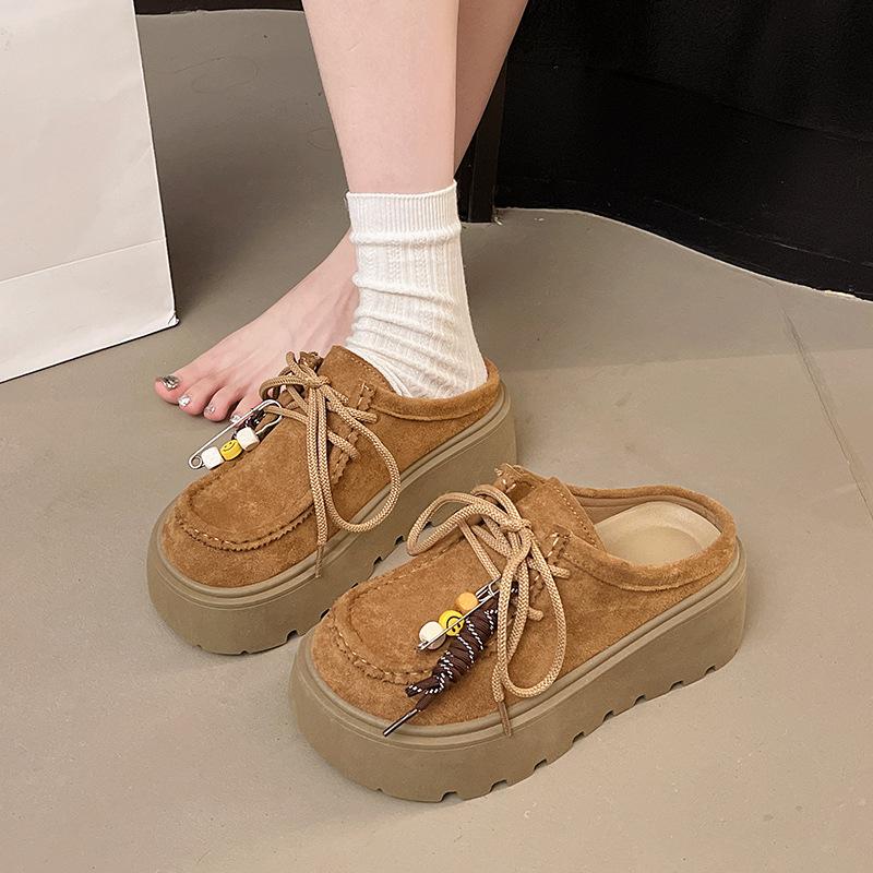 Thick-soled Heightening Bag Head Slippers for Women To Wear Outside the Autumn New Retro Kangaroo Shoes, Half a Tow