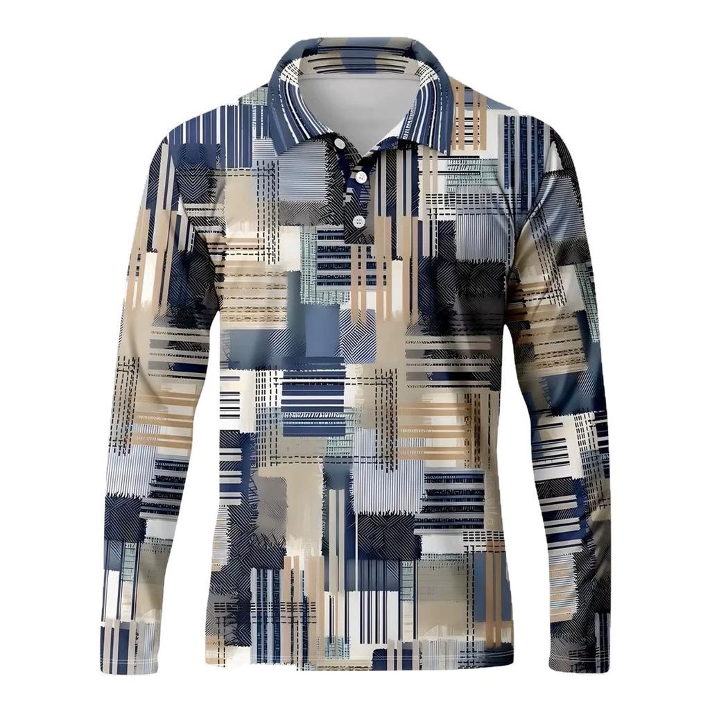 Polo shirt with abstract geometric pattern, collared long-sleeve shirt