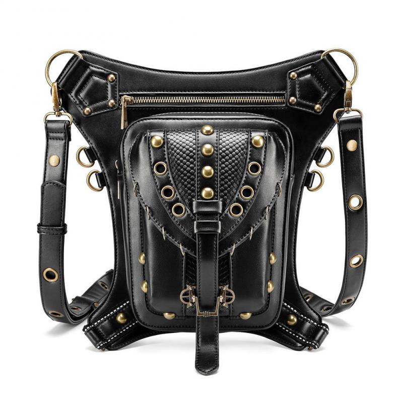Johnature Moto & Biker Dame Midjepakke Multifunksjonell belteveske Fashion Rivet Pu Leather Skulder- og Crossbody-vesker