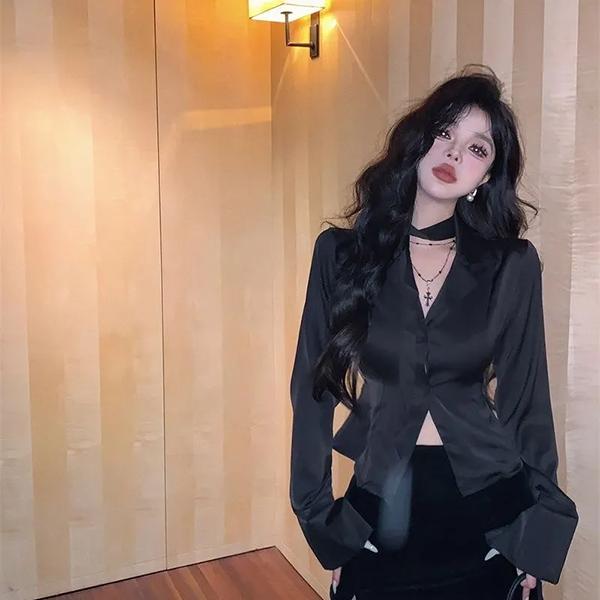 

WTEMPO Черный Красный Шикарный С Длинным Рукавом V-образный Вырез Приталенные Рубашки Женские Однотонные Большого Размера Повседневные Универсальные Рубашки Топы с Вырезами S чёрный