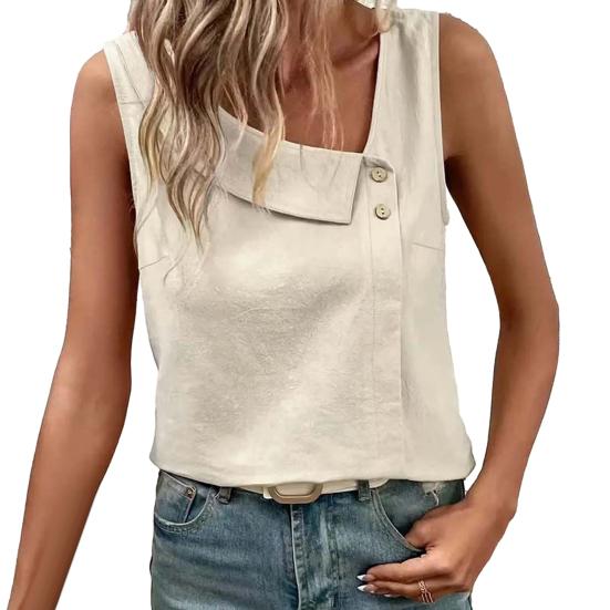 Women Tops Skew Collar Sleeveless Loose Fit Casual Tops Pure Color Buttons Decor Pullover