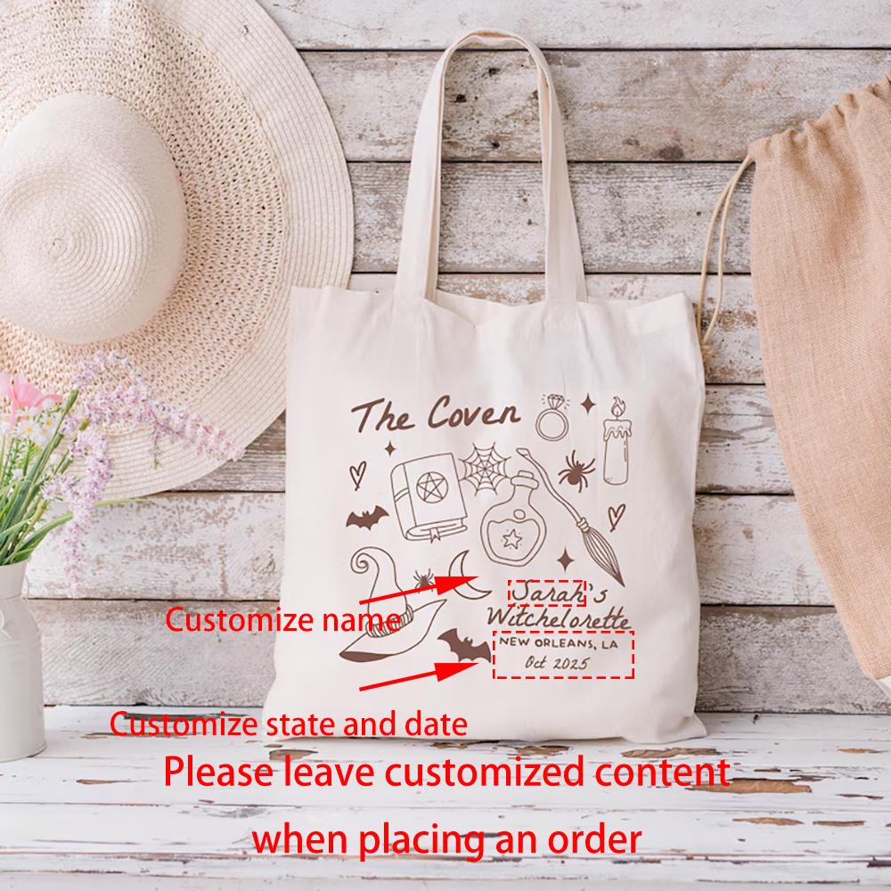 Custom Coven Bachelorette Tote Bag Witchy Bach Party Decor Supplies Spooky Bach Tote Halloween Gothic Witch Bridal Party Bag