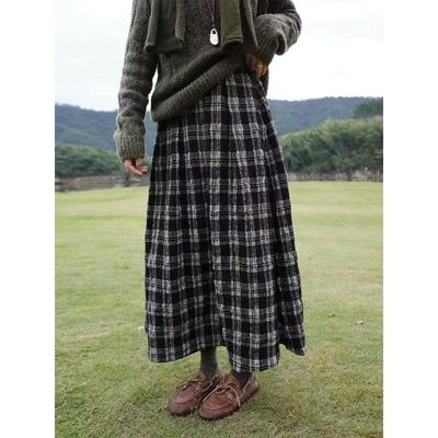 2026 Autumn/Winter Wool Cotton Plaid A-Line Skirt