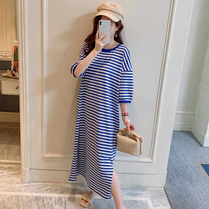 Summer Bf Korean Version Fat Sister Dress Navy Style Blue Striped Knee Long Dress Short Sleeve Large Size Women's T-shirt Skirt