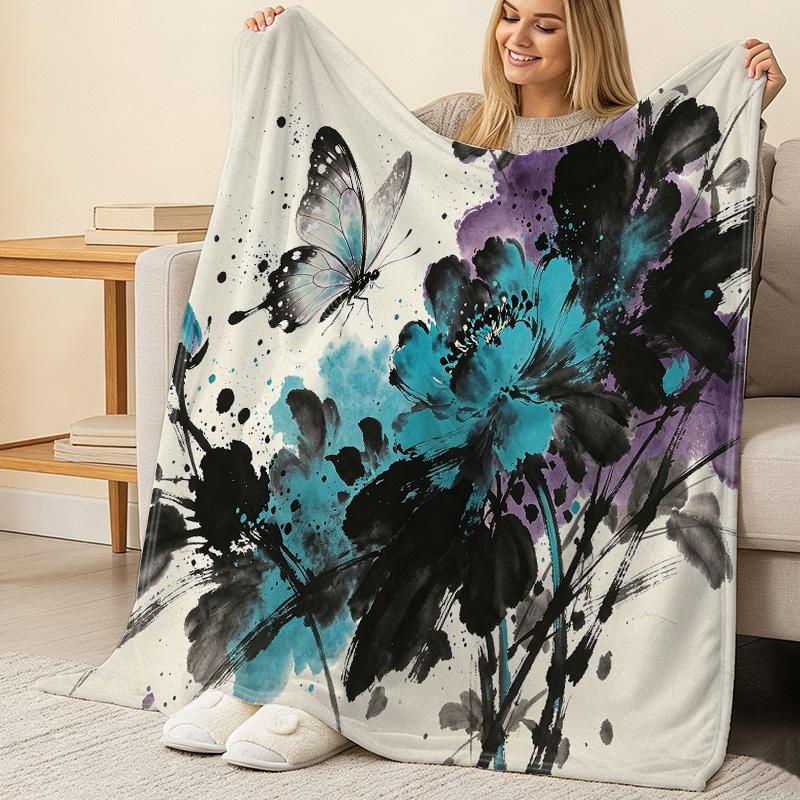 Soft Flannel Throw Blanket Lightweight, Warm Cozy, Floral Butterfly Print, Perfect for Home, Bay Window Decor, Christmas & Halloween