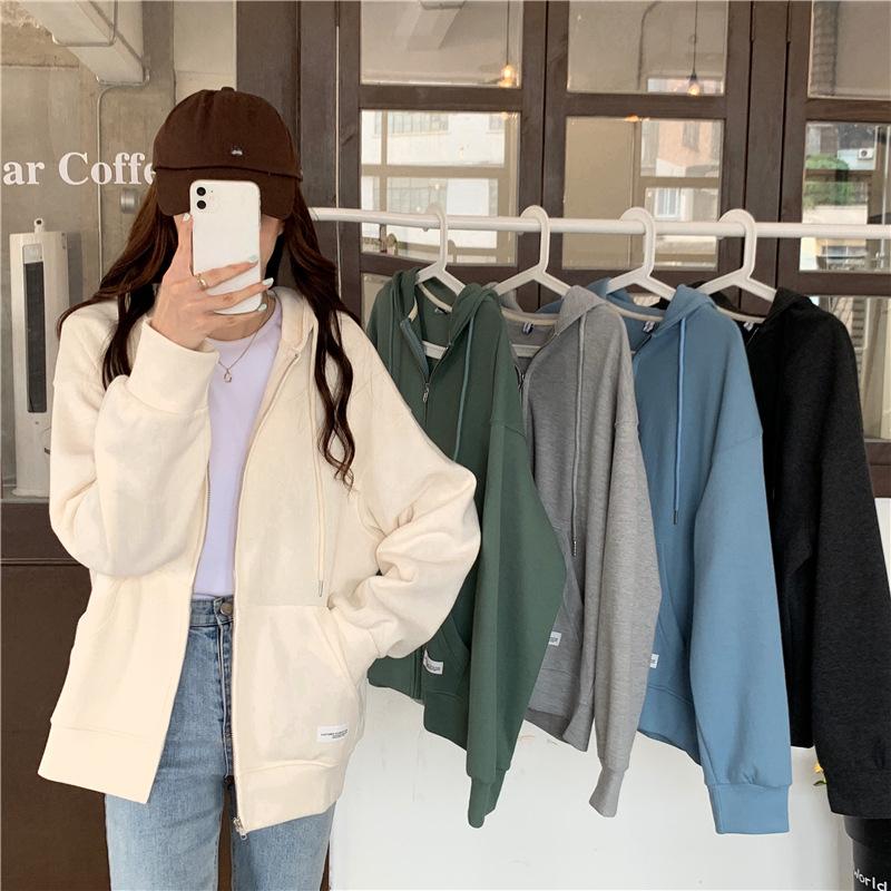 Spring and Autumn Loose Zipper Long-sleeved Cardigan Jacket Women Solid Color Hooded Sweater Students Cardigan Small Jacket