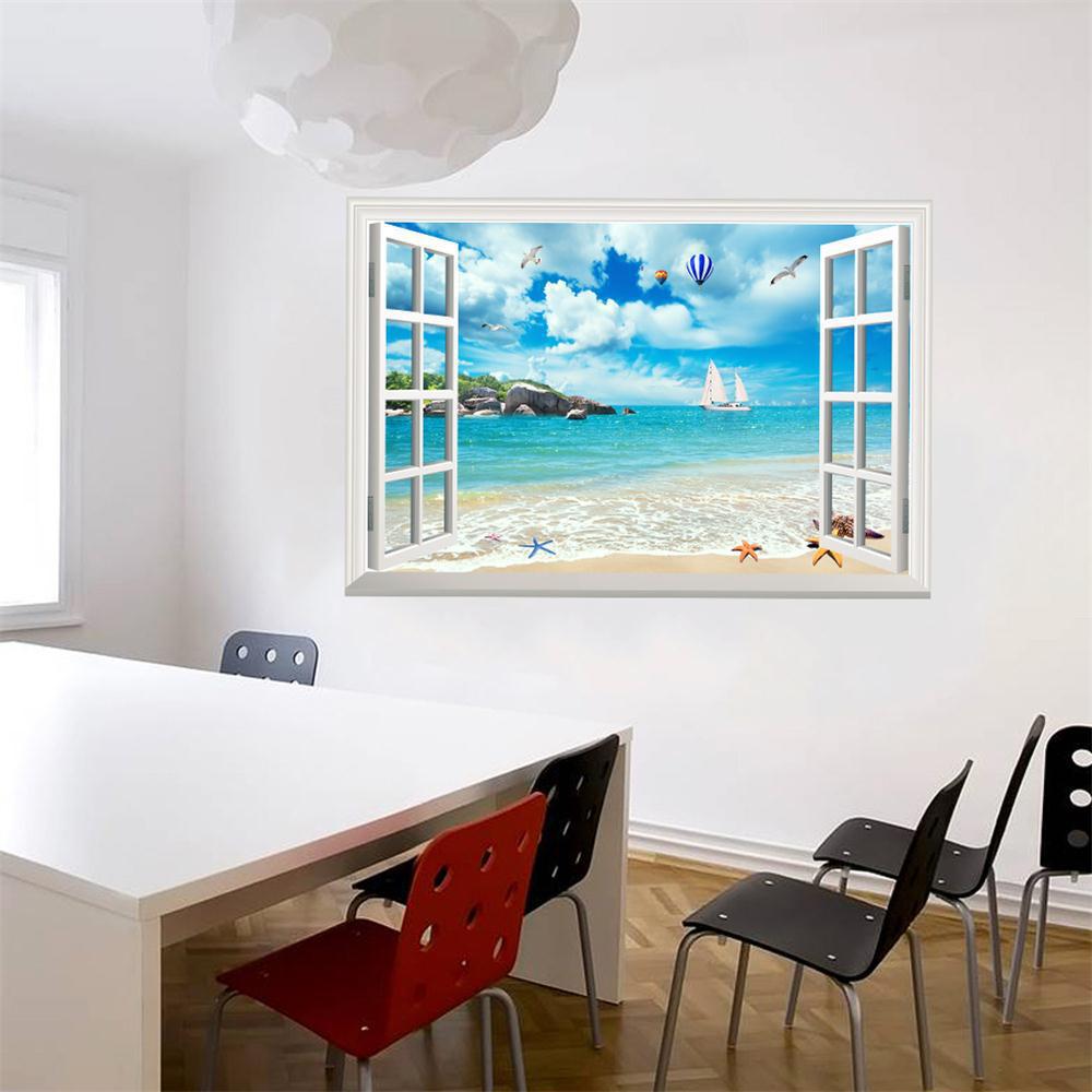 57*90cm 3D Plážový Racek Horkovzdušný Balón Falešné Okno Nástěnná Malba Obývací Pokoj Ložnice Odnímatelná Nástěnná Samolepka Hoom Dekor