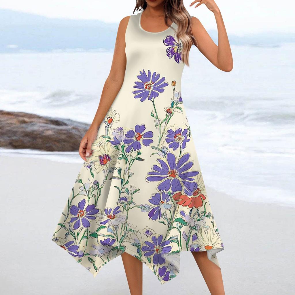 Women's Casual Fashion Round Neck Sleeveless Floral Print Irregular Hem Midi Dress