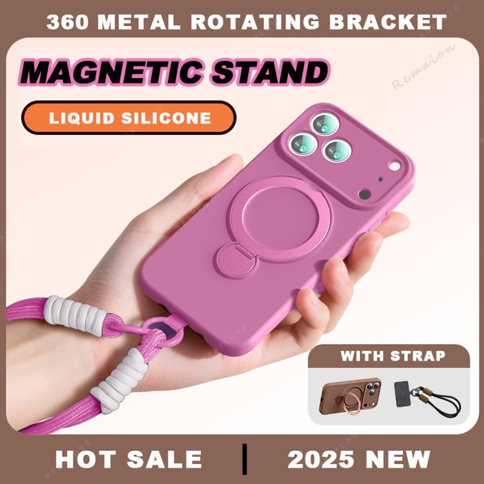 Magnetic Liquid Silicone Stand Phone Case For For Iphone 17 Air 13 14 1 16 17 Pro Max Plus 360 Charge Strap Protector Cover
