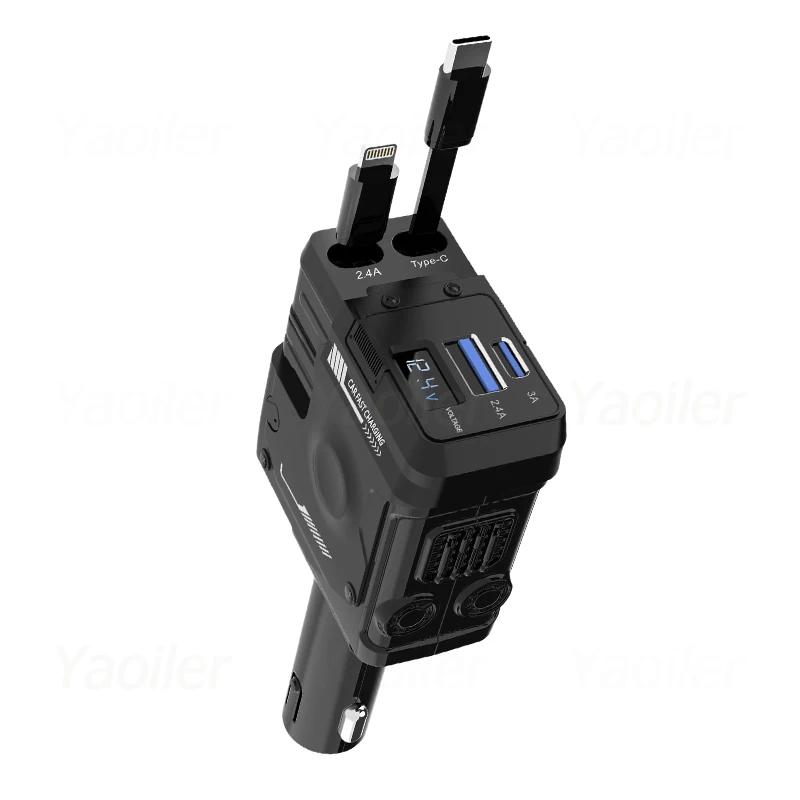 

4 in 1 Retractable Car Charger w/ Retractable Cables 2 USB Ports Super Fast Car Phone Charger for iPhone Huawei Samsung