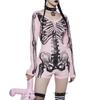 AltGoth Dark Goth Hotsweet Jumpsuit Damen Y2k E-Girl Totenkopf Print Langarm O-Ausschnitt Hohe Taille Strampler Punk Grunge Indie Kleidung