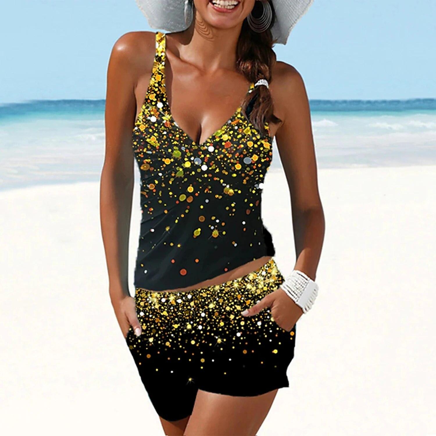 

2024 Женский Танкини с высокой талией без рукавов Купальник Новый дизайн с принтом Бикини Летний купальный костюм Комплект из двух предметов Монокини 4XL жёлтый