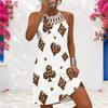 Women Plus Size Criss Cross Cutout Neck Sleeveless White Leopard Pear Printed Fitted Dress