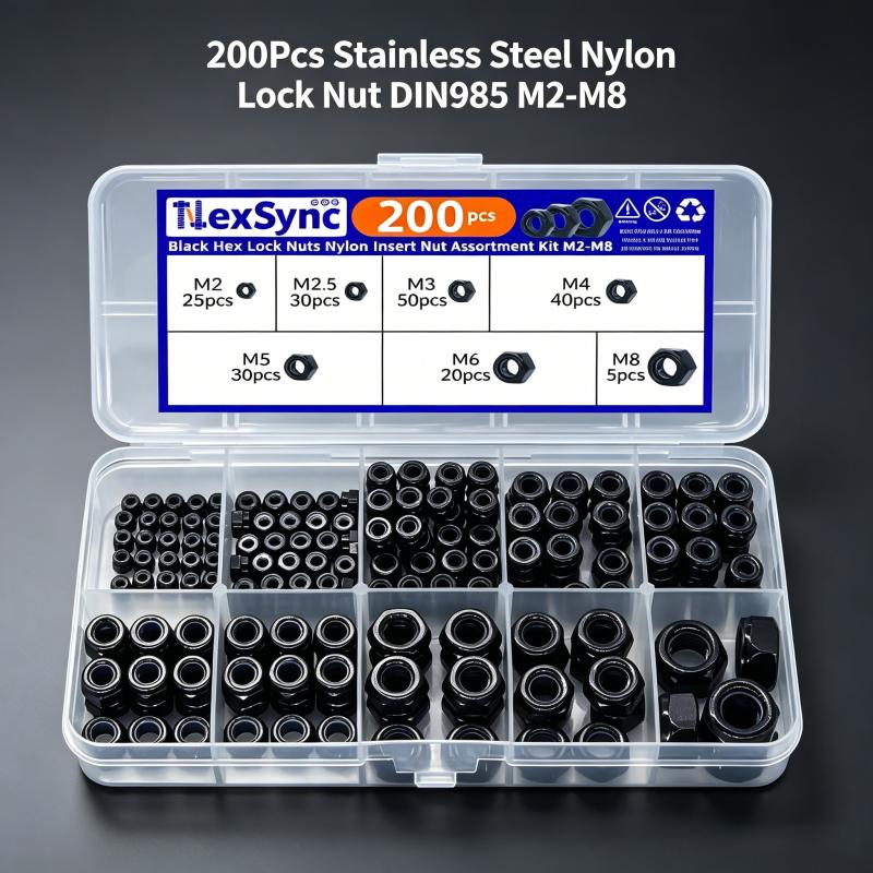 200pcs DIN985 Hex Nylon Insert Self Lock Nut Nylock Locknut Assortment Kit Set M2 M2.5 M3 M4 M5 M6 M8 304 A2-70 Stainless Steel