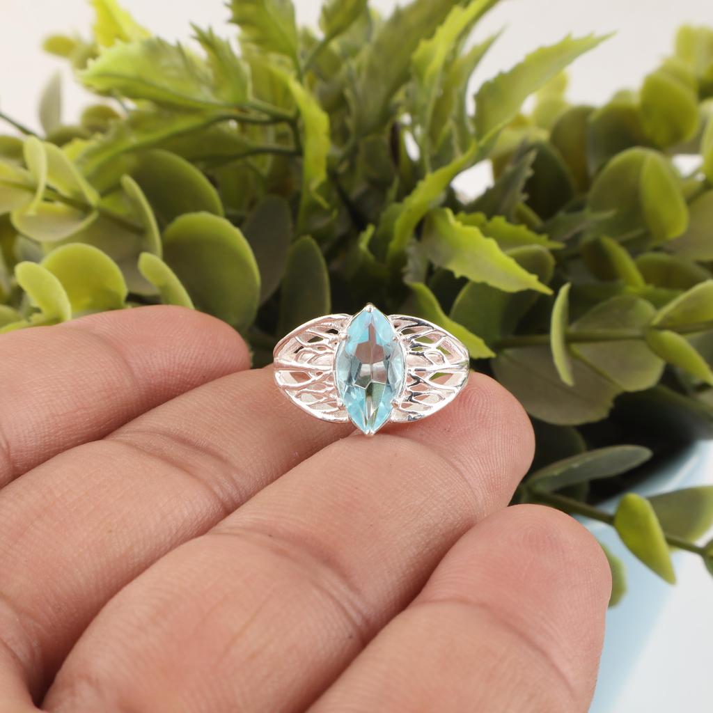 Anello carino in argento con gemma di topazio azzurro cielo, Anello in argento sterling 925 taglio marquise per donna CZR-21-4