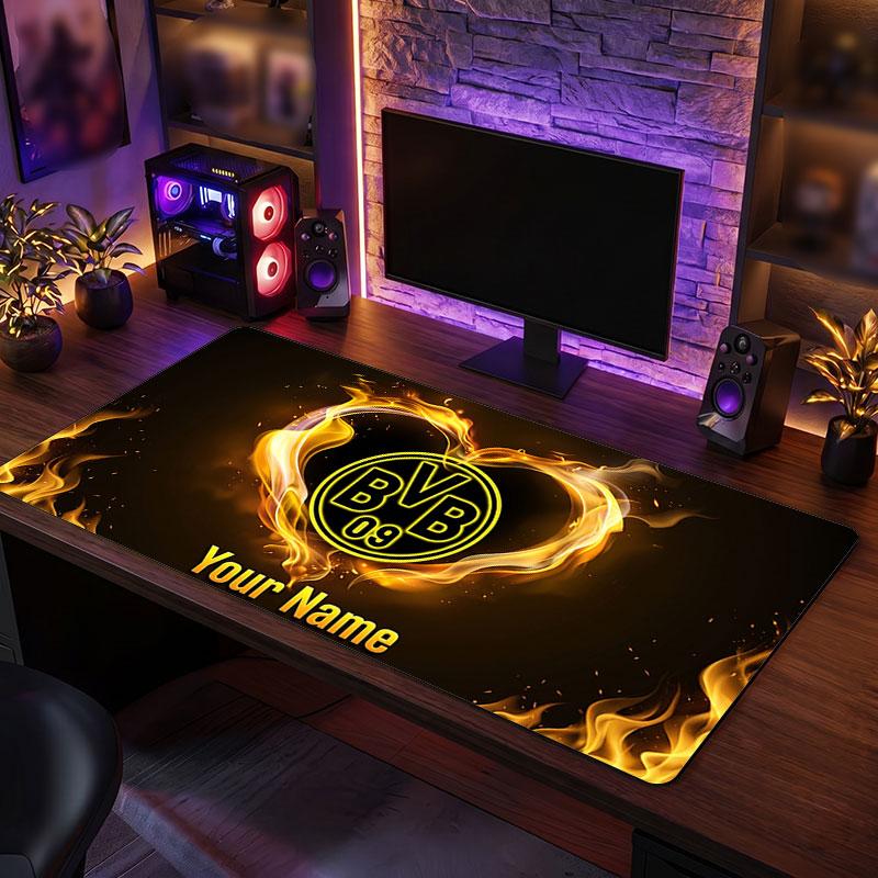 Tappetino per Mouse Grande Personalizzato Borussia Dortmund, Stampa Testo Nome Personalizzato, Tappetino da Scrivania Antiscivolo con Logo Calcio, Regalo per Gamer