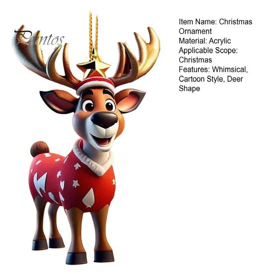Colgante de ciervo navideño de acrílico 2D, adorno colgante de reno plano, gorro de Papá Noel de dibujos animados, colgante de reno para decoración del árbol de Navidad del hogar