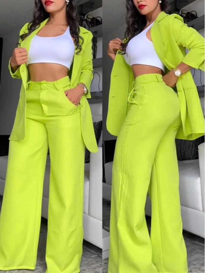 2026 Summer Elegant Women's Solid Color Split Sleeve Suit with Straight Leg Pants