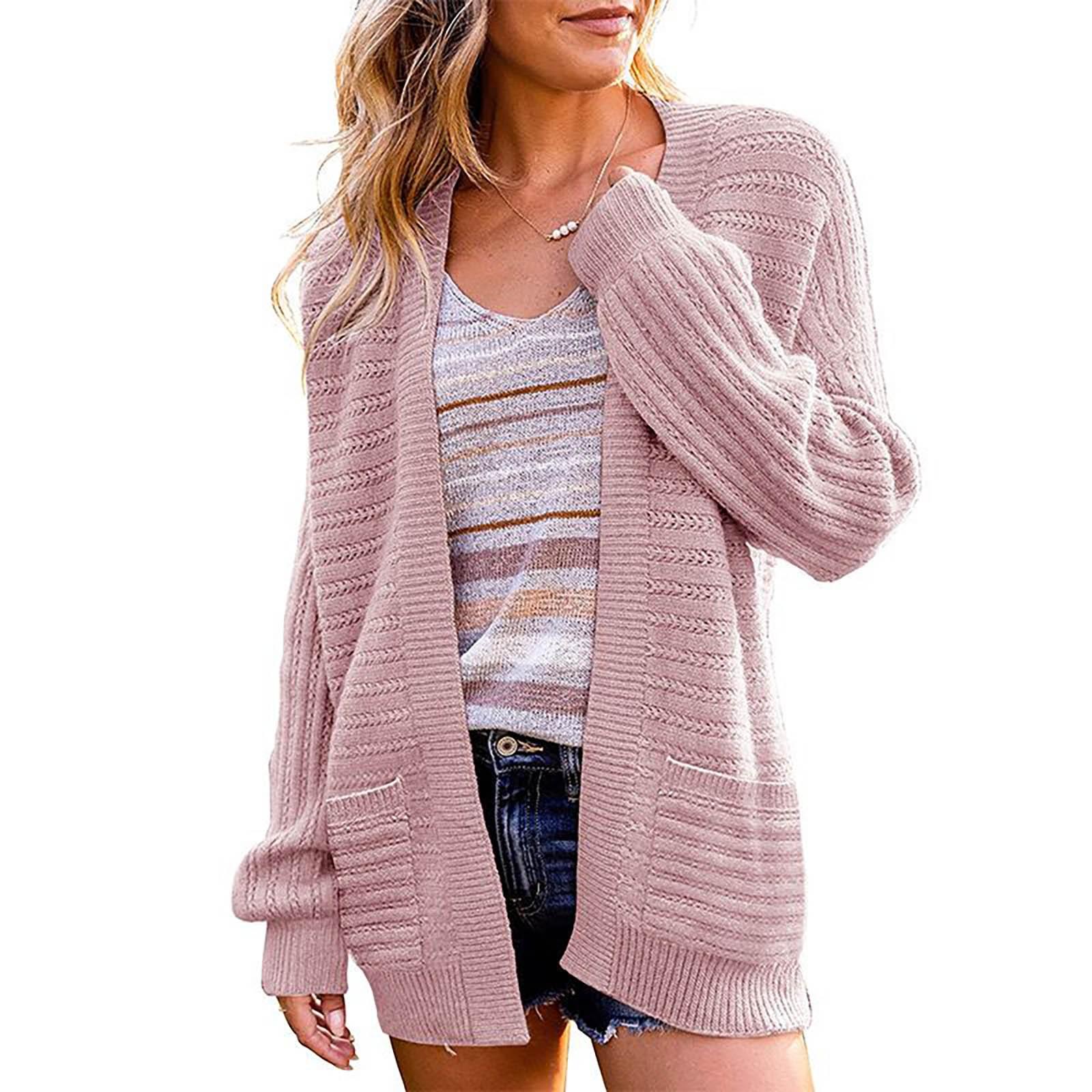 

Women s Cardigan Solid Color Knit Sweater Cutout Knit Sweater Jacket With Pockets S рожевий
