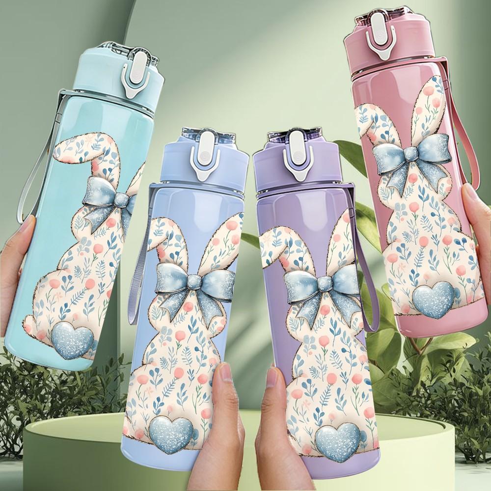 1PC Rabbit Bow Vintage Retro Pattern 750ml Color Plastic Sports Water Bottle Leakproof Flip Straw Lid Suitable for Sports Office Home Use