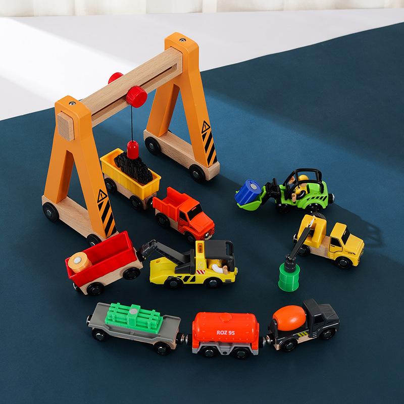 Wooden Train Track Set Magnetic Car Toy Crane Works Rescue Children Assemble Educational Toys For Kids Wooden Rail