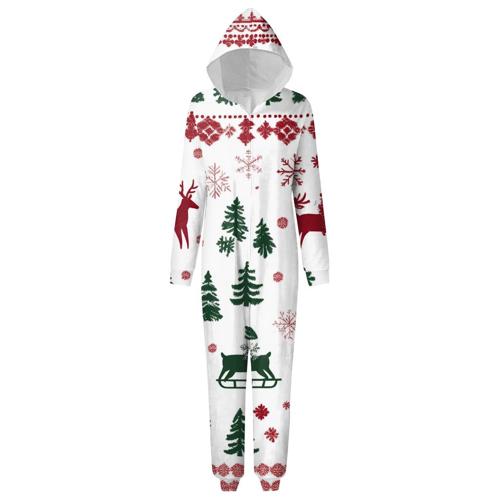 Christmas Print Family Matching Hooded Long Sleeved Zippered Jumpsuit Set