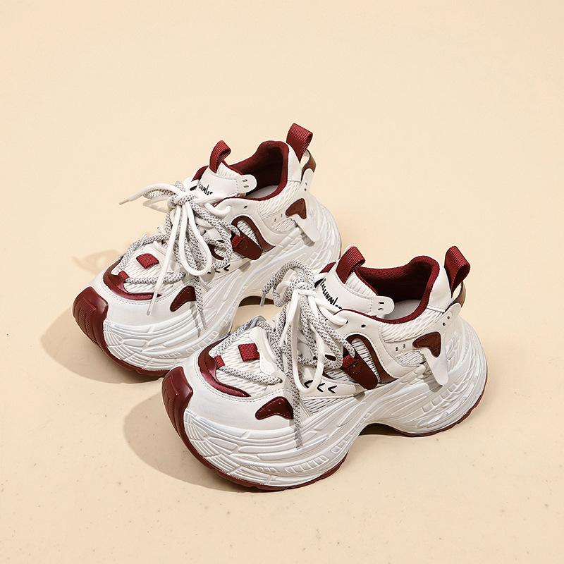 Paris Leather Small Man Height Increase 8cm Dad Shoes Women's Korean Version Color Matching Thick-soled Round Head Versatile Casual Sports Shoes