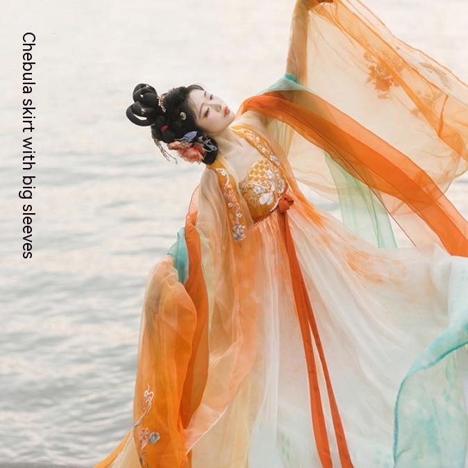 Hanfu Gradient Fish Scale Print Suit Gradient Tričko s velkým rukávem Koi Hanfu Fairy Elegantní dámské oblečení