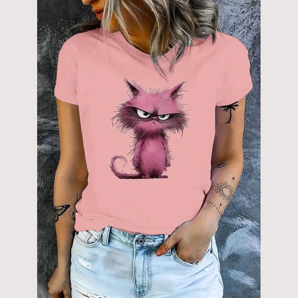 Summer Women's T Shirt Cute Animal Print Casual Short Sleeve Cat T-Shirt Fashion Streetwear Female Oversized Clothing Pullover