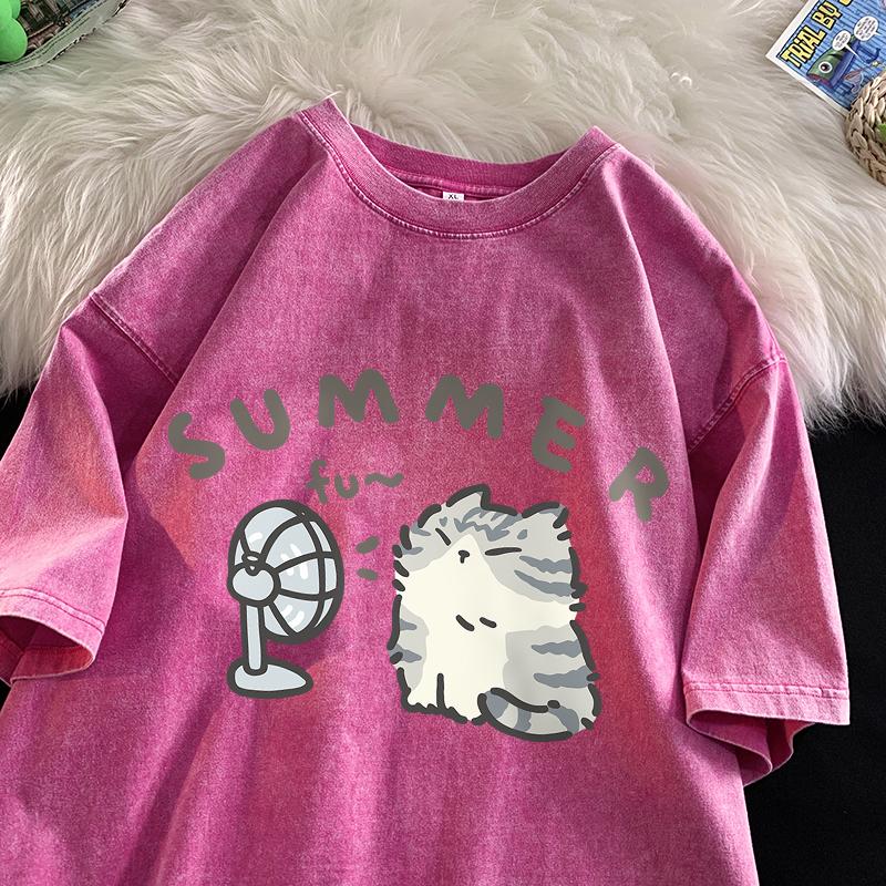 American Street Creative Blow Fan Cat Pure Cotton T-shirt Men Women Summer Relaxed Short Sleeve Couple Vintage Water Washing Top