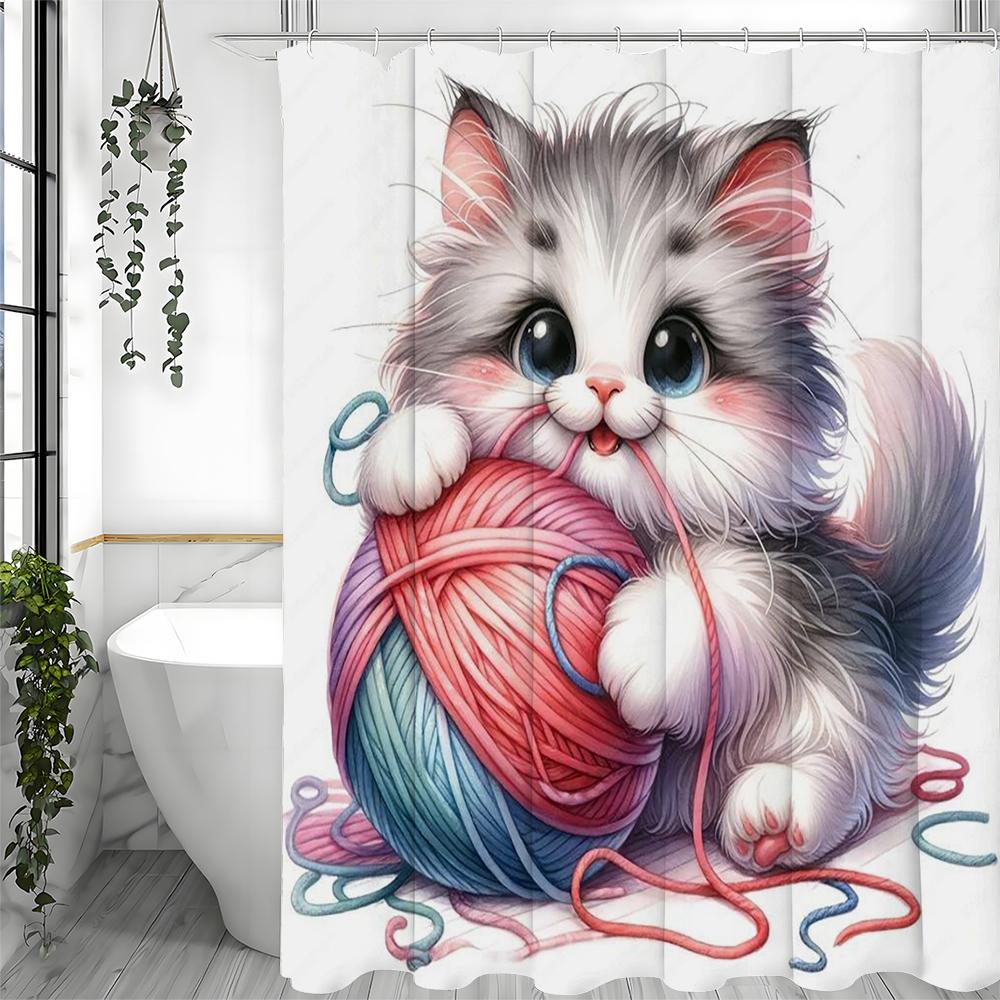 Cute Cat Playing with Woolen Clusters Shower Curtain, Bathroom Decorative Shower Curtain, Waterproof Shower Curtain with Hooks