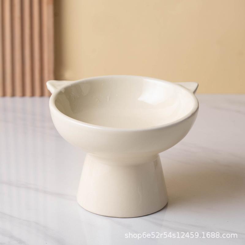 Cute Cat Ear Shaped Ceramic Cat Bowl, Elevated Neck Protect Feeding Dish, Multi-color Easy Clean Pet Food Water Bowl for Cats