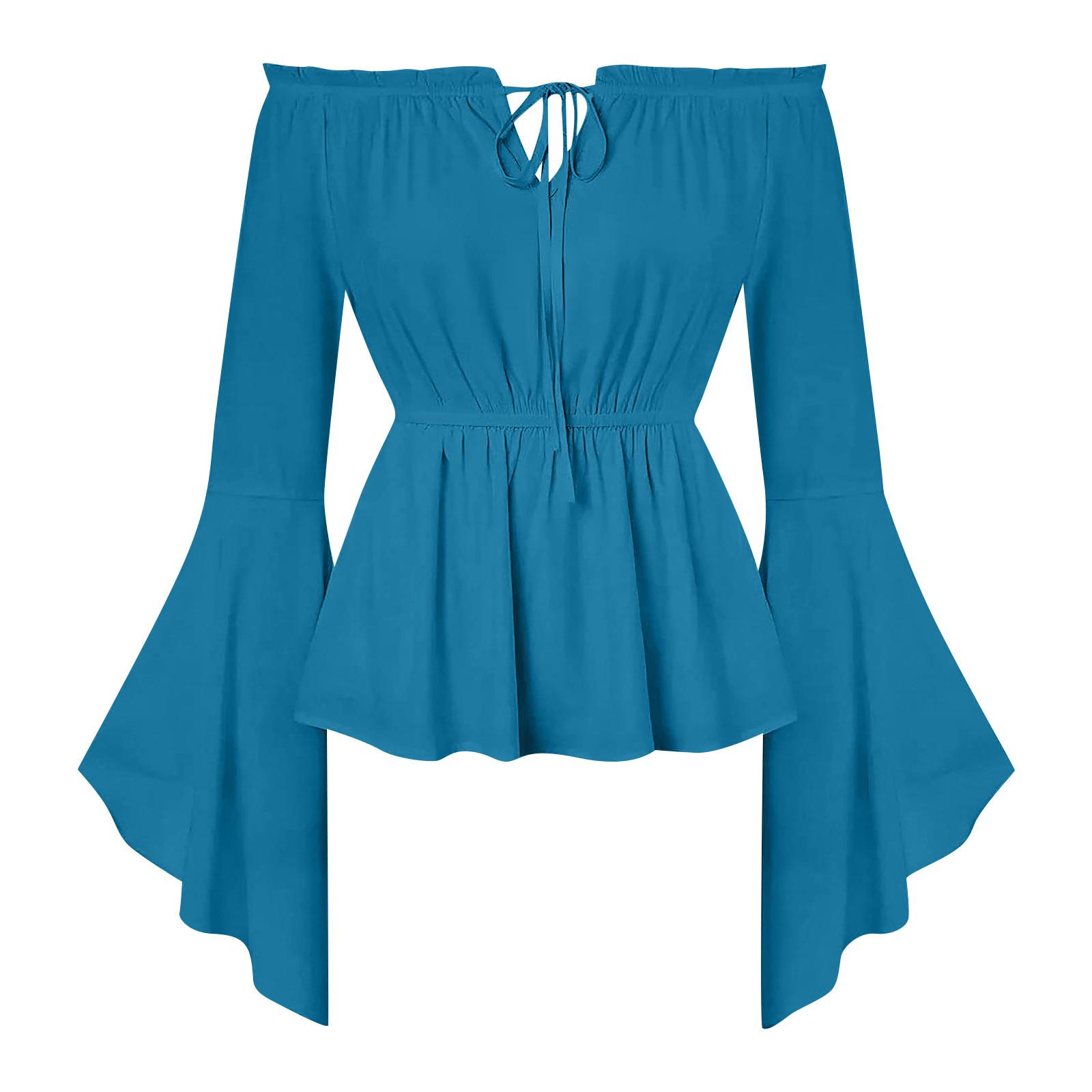 

Жіночий вінтажний одяг Сорочка Рукав-дзвін Топ на шнурівці XL синій