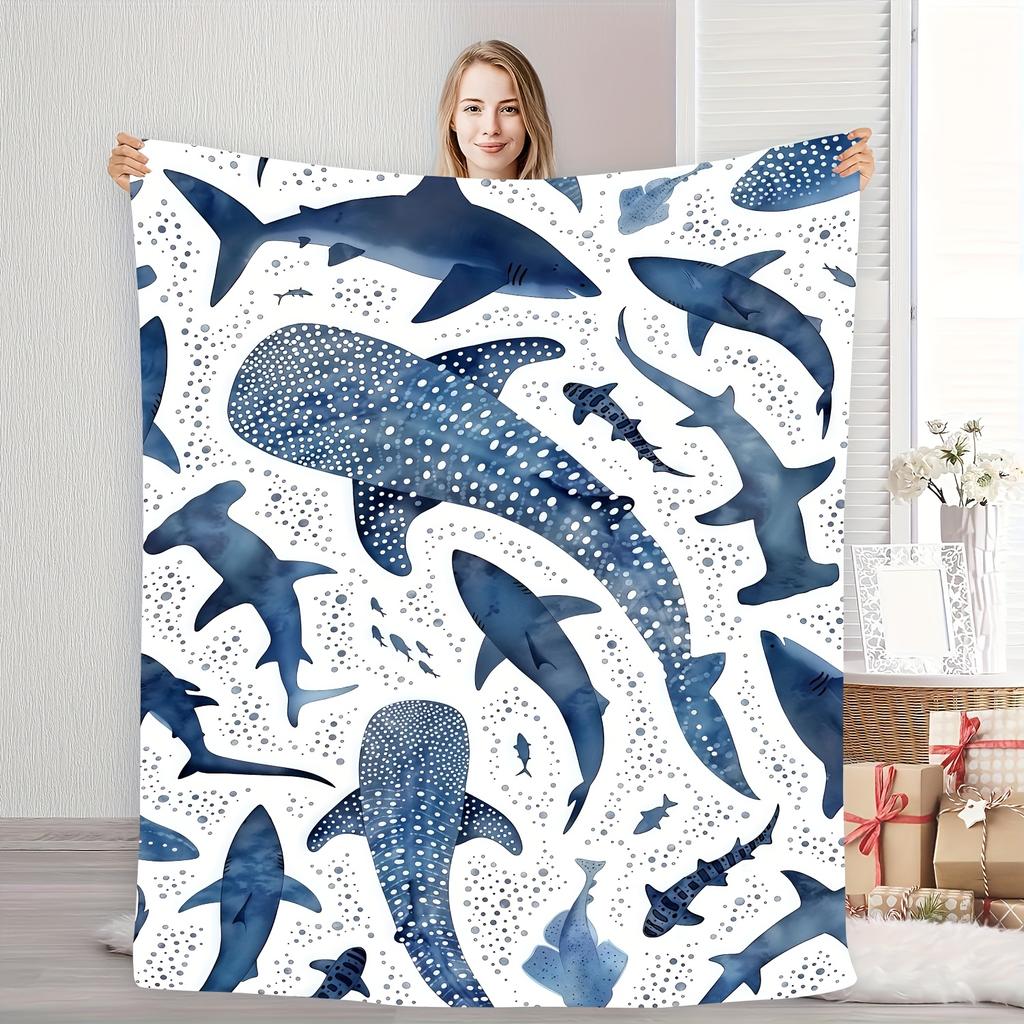 Romantic Ocean Style Whale Shark Pattern Warm Blanket Children Adult Nap Blanket Soft and Comfortable Suitable for All Seasons
