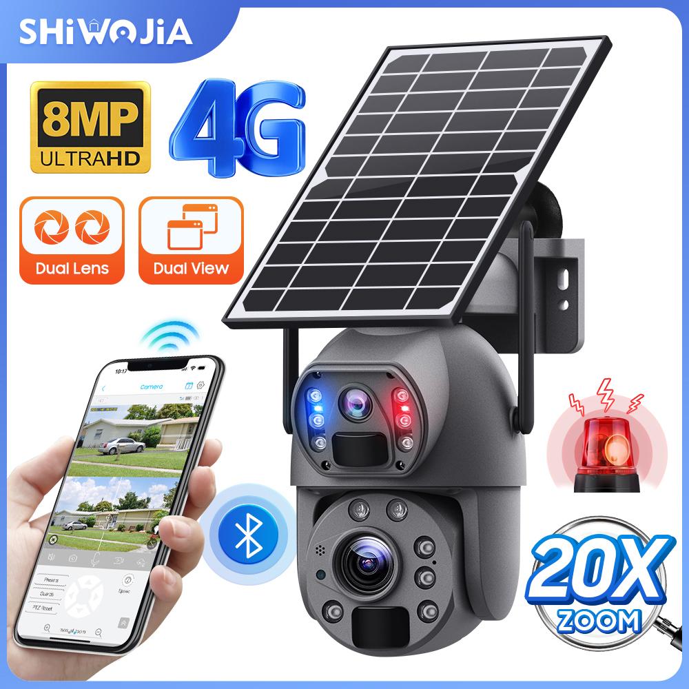 

SHIWOJIA Сонячна камера 4G Sim 4K 8MP 20X Zoom Подвійний об єктив Запис Гуманоїд Відстеження Зовнішня WIFI Камера Метал Водонепроникний Only WiFi Camera