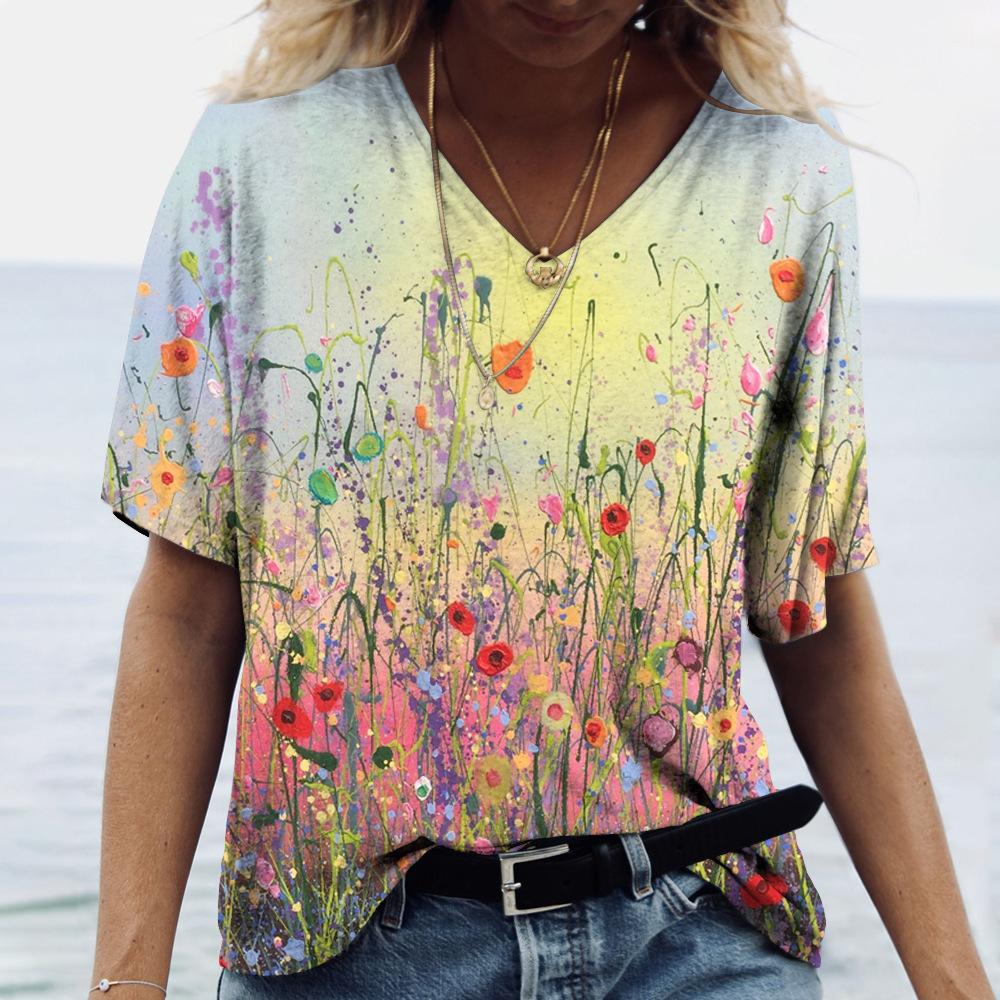 Summer V-neck 3D Flower Butterfly Printed Top Fashionable Casual Short Sleeved Women's T-shirts