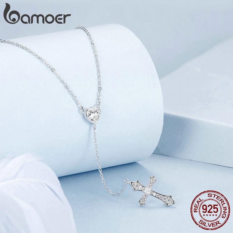 BAMOER 925 Sterling Silver Delicate Heart-shaped Pendant Necklace Y-shaped Cross Chain Necklace for Women Party Dainty Fine Jewelry Gift