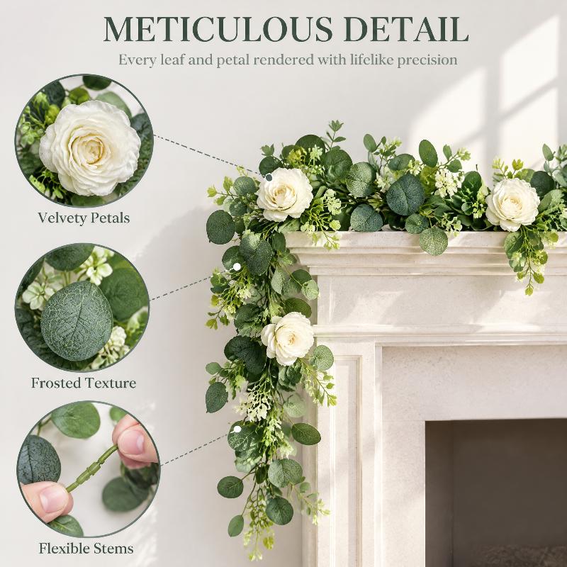 2Pcs Artificial Eucalyptus Vine With White Flowers Faux Greenery Garland For Wedding Arch, Wall And Party Decoration