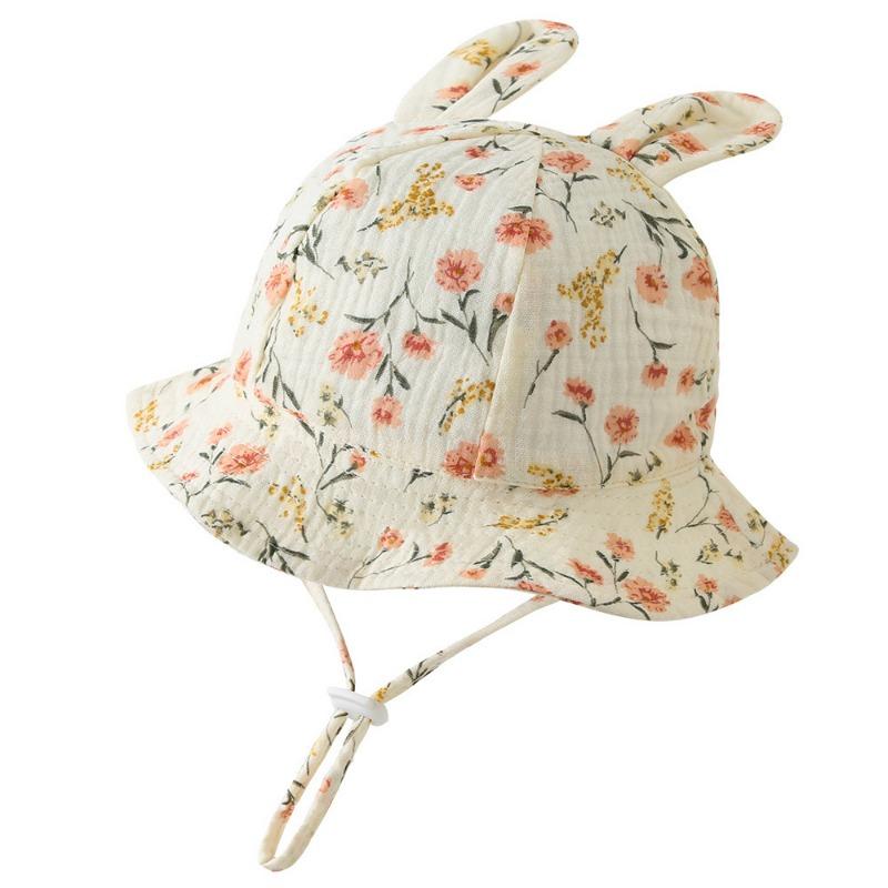 New Baby Gauze Basin Hat Baby Pleated Printed Bucket Hat Rabbit Ear Sun Hat 3-12M