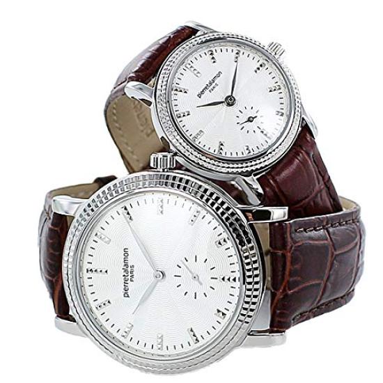 Pierre Talamont și Ceasuri de Cuplu cu Mici 38mm și Piele Maro de Crocodil cu Argint și Secundar pentru Bărbați Femei, 28mm, Carcasă, PT-5100H-3 PT-5100L-3