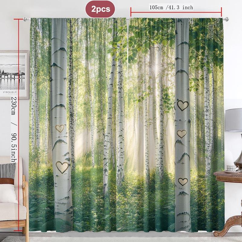 Juego de 2 Cortinas Bosque de Abedules Nórdico – Árboles Blancos con Luz Solar en Forma de Corazón, Cortinas Filtrantes de Luz con Pasacables