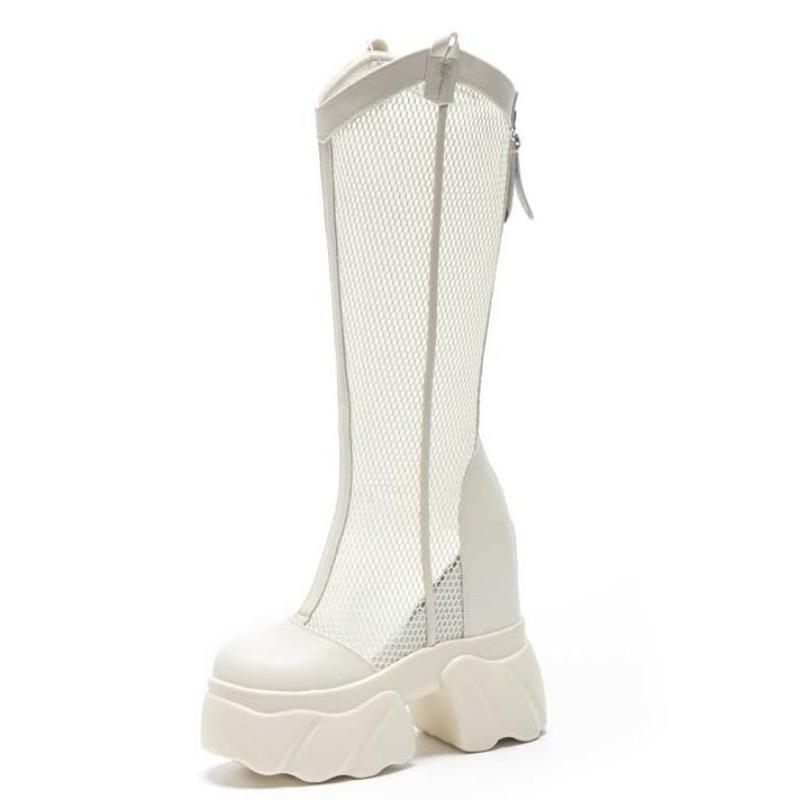 Fashion 11CM Air Mesh Ankle Boots Microfiber Leather Summer Fashion Shoes Knee High Booties Platform Wedge Flats Hollow Sandals Women