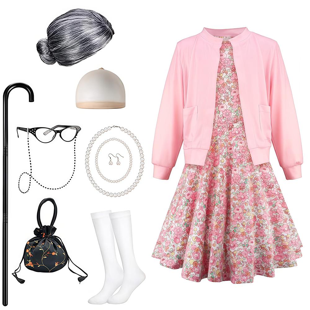100 Days of School Theme Perform Costume Disguise Party Children Cosplay Costumes Granny Clothes Happy 100th Days of School Gift 130