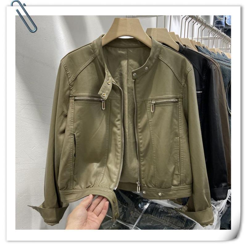 Leather Jacket Women's Autumn Clothing New Small Stand-up Collar Trendy Cool Foreign Style Niche Short Washed Locomotive Leather Jacket Trendy