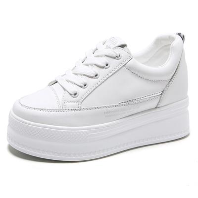Zapatos casuales de mujer de piel de microfibra de 7 cm, zapatos de plataforma con cuña y tacón oculto, zapatos blancos, zapatillas gruesas, patineta