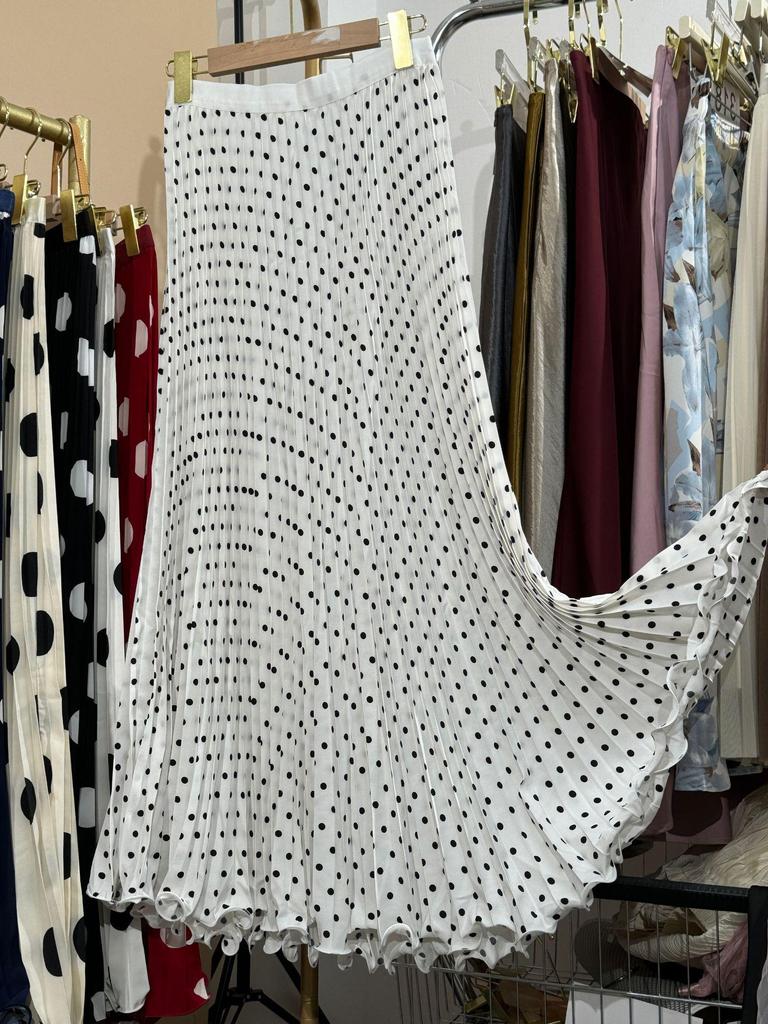 Multicolor Korean Style Chiffon High Waist Pleated Polka Dot Midi Skirt