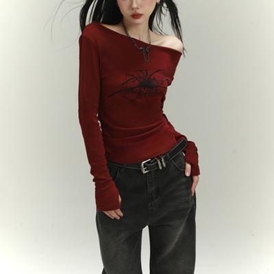 Y2k High Street Camisetas de manga larga para mujer, jersey ajustado de cuello torcido, ropa de calle sexy vintage para mujer, tops casuales, ropa nueva de primavera